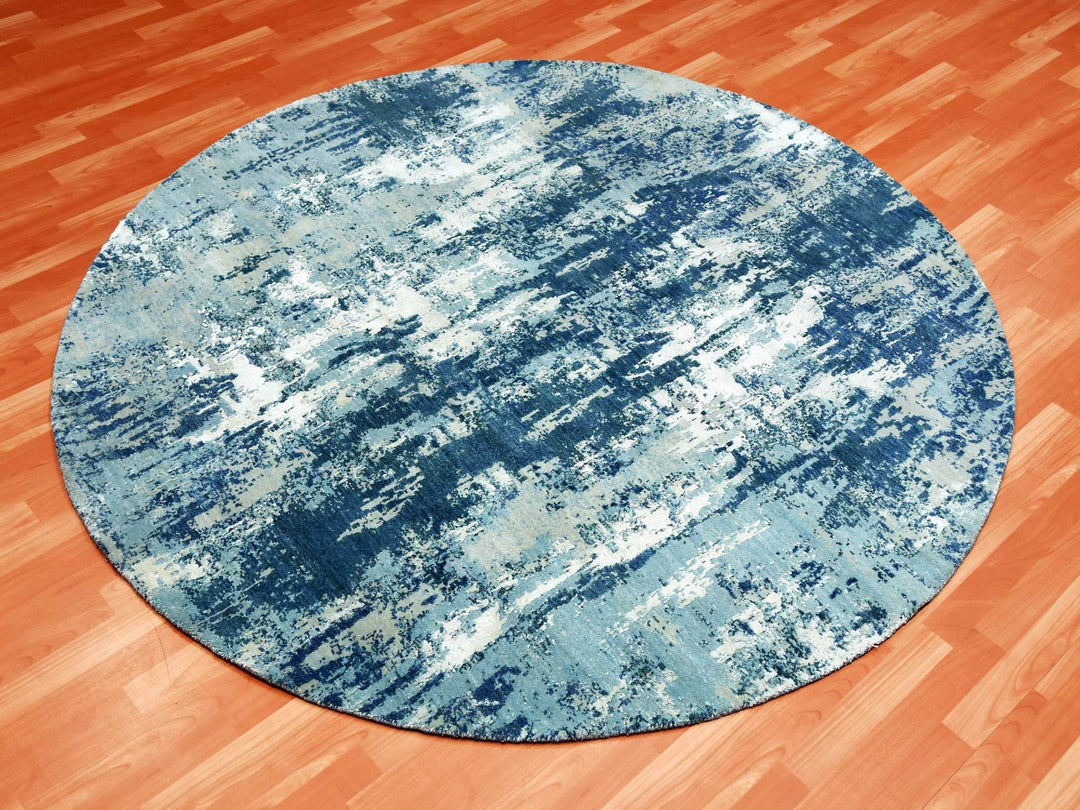 7'1" x 7'1" New Hand Knotted Blue Wool & Silk Round Oriental Rug - MOA10275294