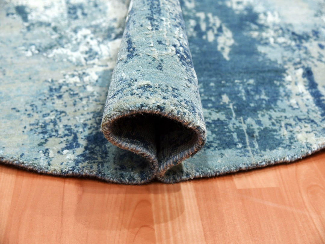 7'1" x 7'1" New Hand Knotted Blue Wool & Silk Round Oriental Rug - MOA10275294
