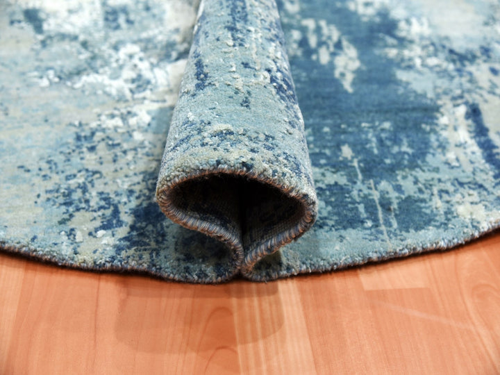 7'1" x 7'1" New Hand Knotted Blue Wool & Silk Round Oriental Rug - MOA10275294