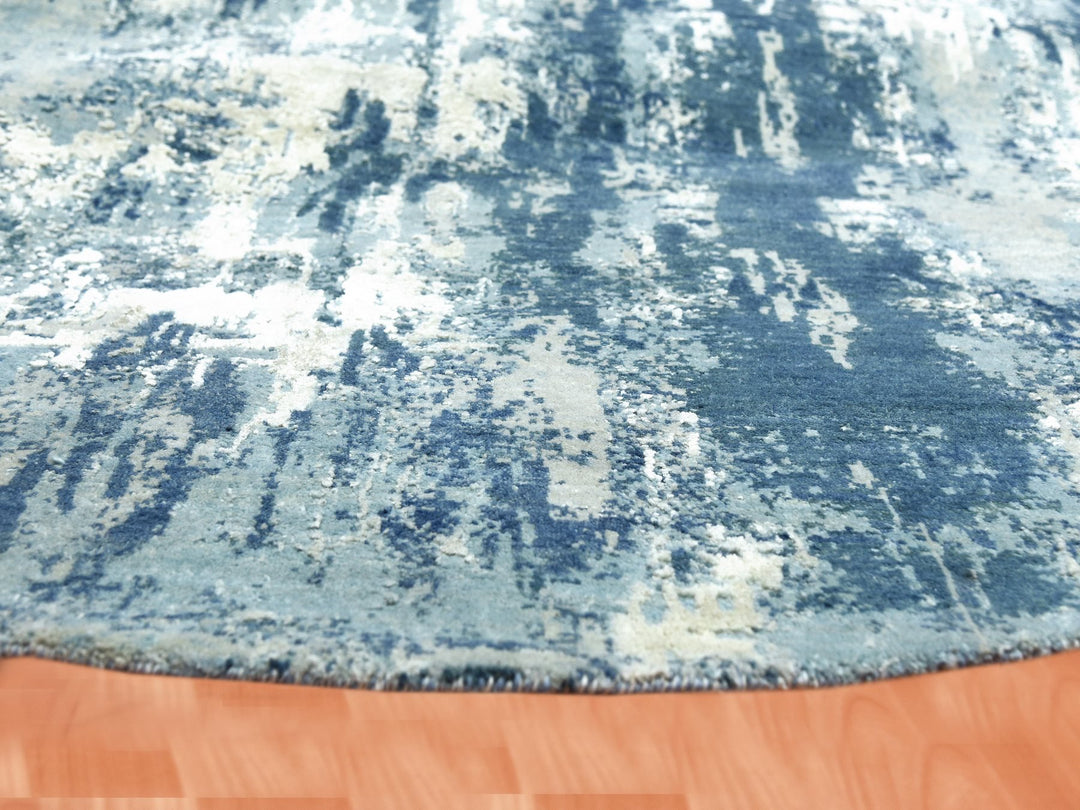 7'1" x 7'1" New Hand Knotted Blue Wool & Silk Round Oriental Rug - MOA10275294