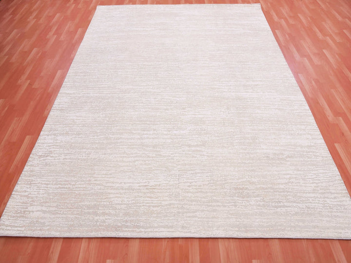 8'10" x 11'10" New Hand Knotted Ivory Wool & Silk Rectangle Oriental Rug - MOA10275298
