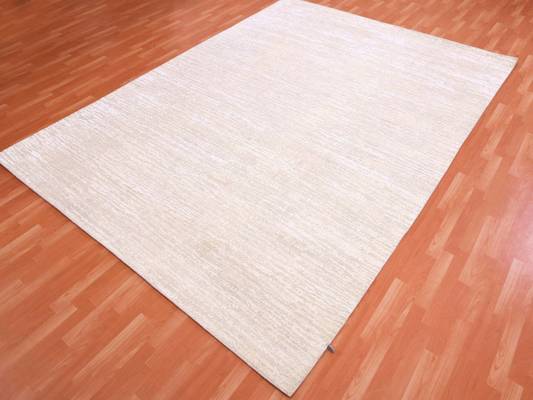8'10" x 11'10" New Hand Knotted Ivory Wool & Silk Rectangle Oriental Rug - MOA10275298