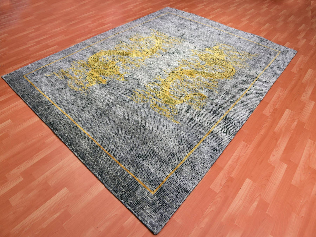 8'0" x 10'3" New Hand Knotted Grey Wool & Silk Rectangle Oriental Rug - MOA10275315