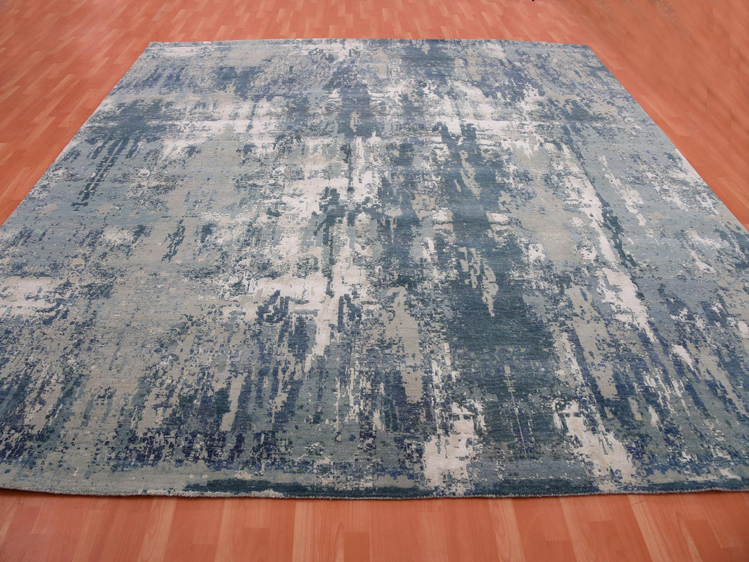 11'11" x 12'0" New Hand Knotted Blue Wool & Silk Square Oriental Rug - MOA10275333