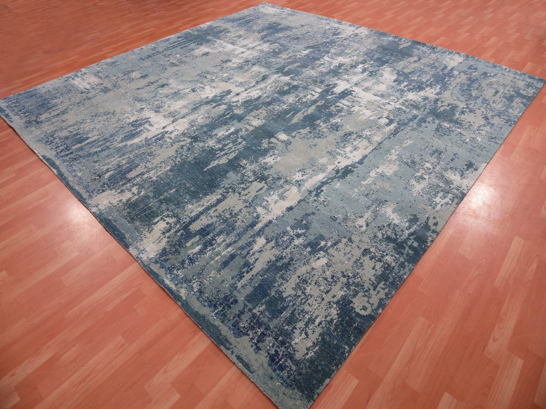 11'11" x 12'0" New Hand Knotted Blue Wool & Silk Square Oriental Rug - MOA10275333