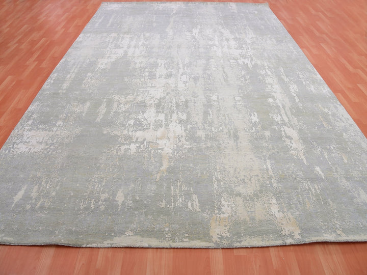 10'0" x 14'1" New Hand Knotted Grey Wool & Silk Rectangle Oriental Rug - MOA10275334