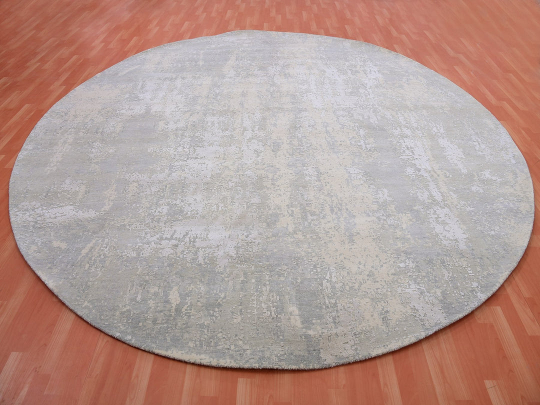 11'11" x 12'0" New Hand Knotted Grey Wool & Silk Round Oriental Rug - MOA10275336