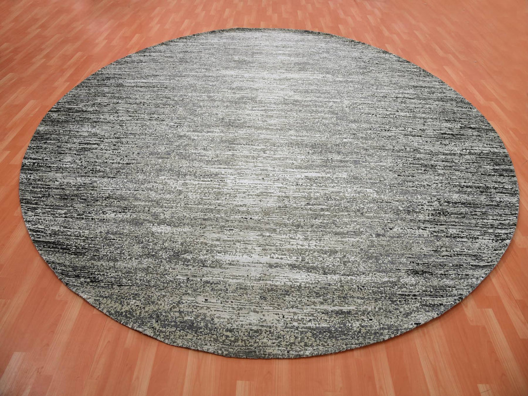 11'11" x 12'0" New Hand Knotted Black Wool & Silk Round Oriental Rug - MOA10275337