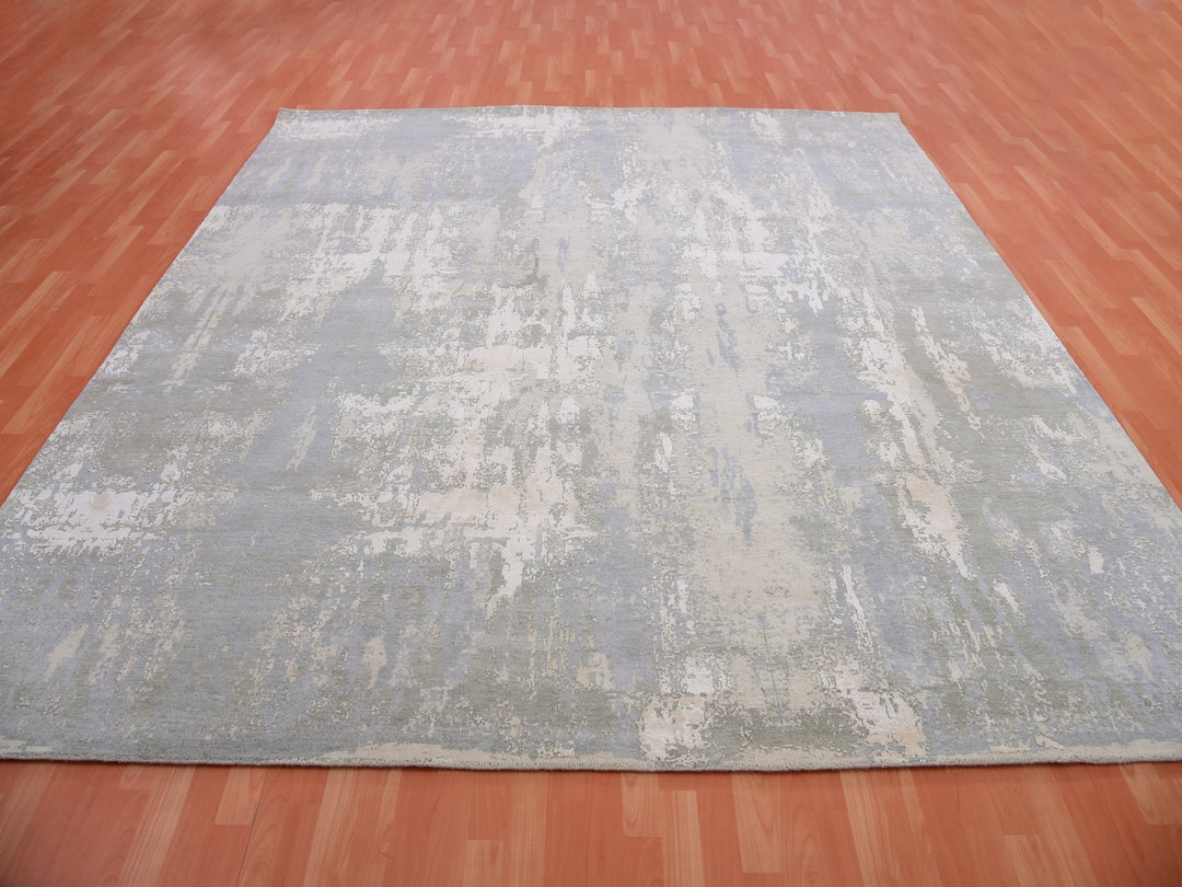 10'0" x 10'3" New Hand Knotted Grey Wool & Silk Square Oriental Rug - MOA10275339