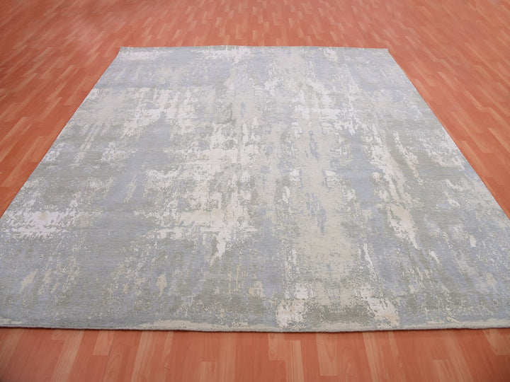 10'0" x 10'3" New Hand Knotted Grey Wool & Silk Square Oriental Rug - MOA10275339