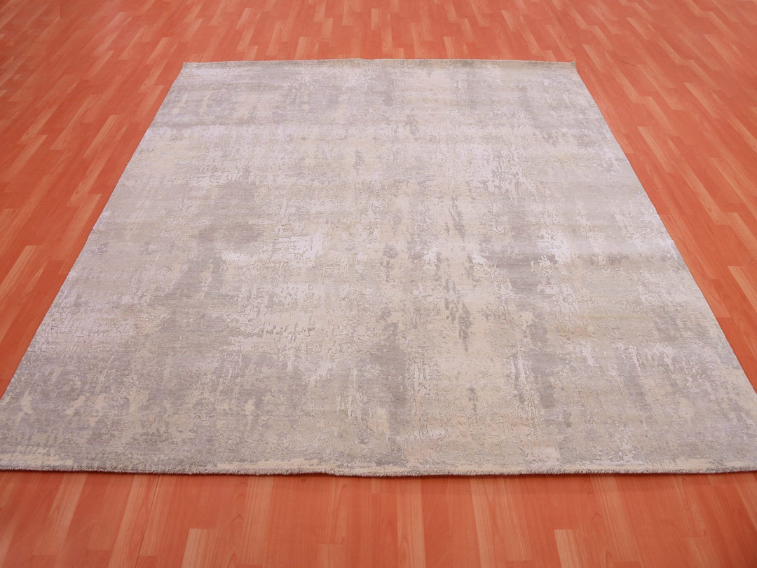 8'1" x 8'2" New Hand Knotted Grey Wool & Silk Square Oriental Rug - MOA10275343