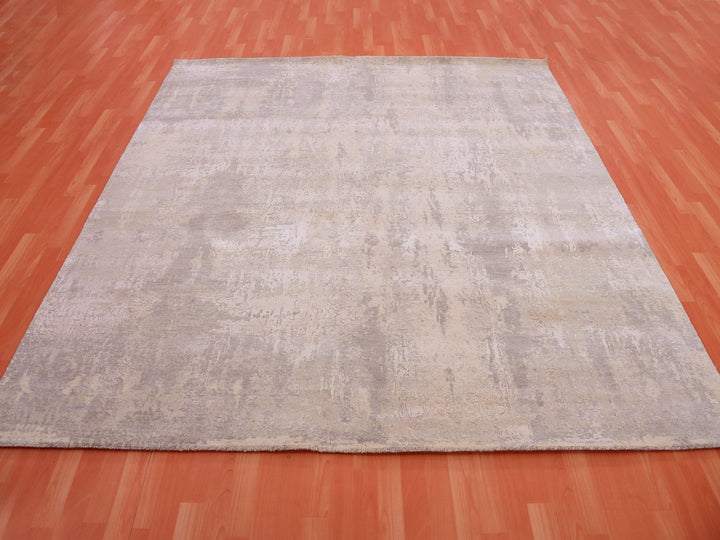 8'1" x 8'2" New Hand Knotted Grey Wool & Silk Square Oriental Rug - MOA10275343