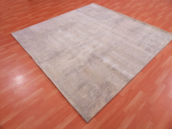 8'1" x 8'2" New Hand Knotted Grey Wool & Silk Square Oriental Rug - MOA10275343