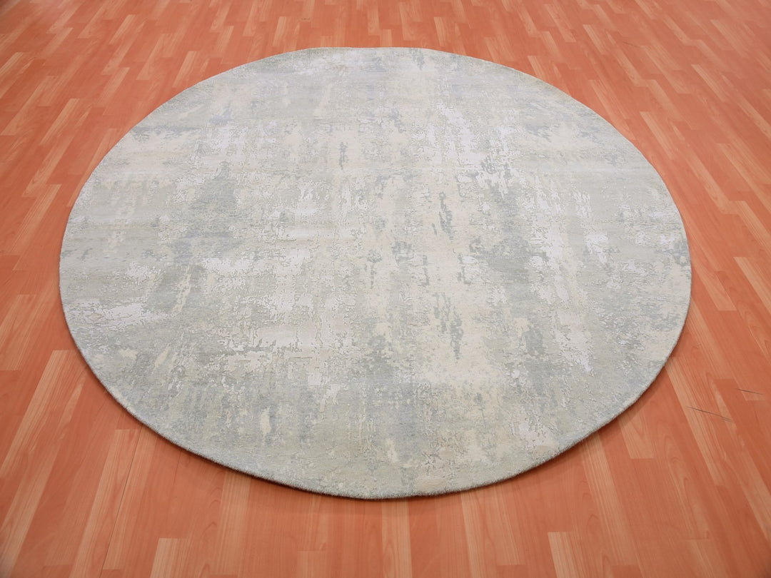 8'2" x 8'2" New Hand Knotted Grey Wool & Silk Round Oriental Rug - MOA10275345