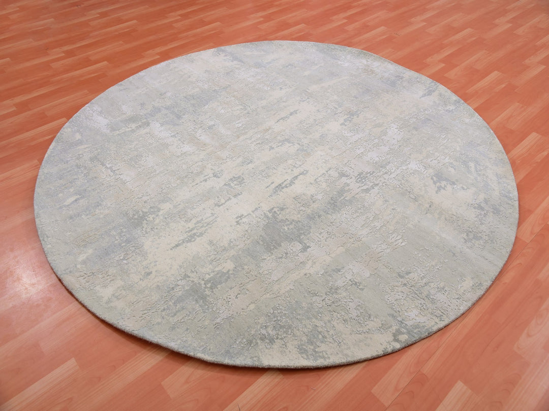 8'2" x 8'2" New Hand Knotted Grey Wool & Silk Round Oriental Rug - MOA10275345