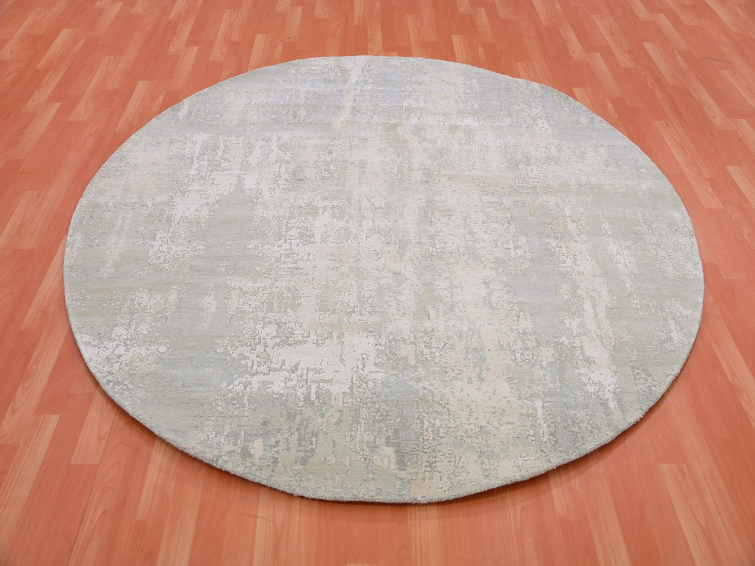 7'1" x 7'2" New Hand Knotted Grey Wool & Silk Round Oriental Rug - MOA10275346