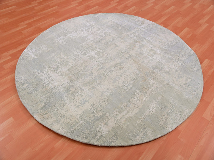 7'1" x 7'2" New Hand Knotted Grey Wool & Silk Round Oriental Rug - MOA10275346
