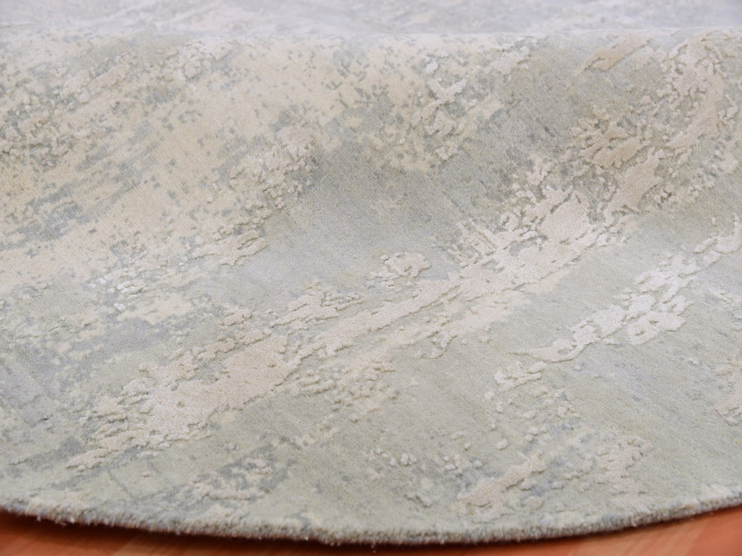 7'1" x 7'2" New Hand Knotted Grey Wool & Silk Round Oriental Rug - MOA10275346