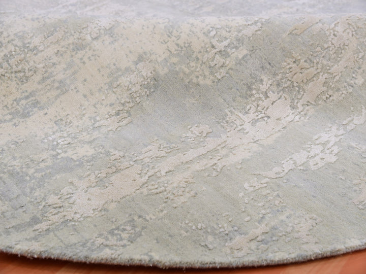 7'1" x 7'2" New Hand Knotted Grey Wool & Silk Round Oriental Rug - MOA10275346