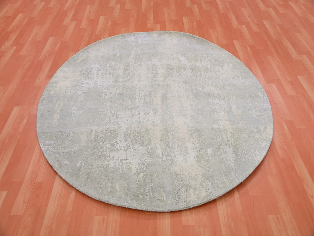 6'2" x 6'3" New Hand Knotted Grey Wool & Silk Round Oriental Rug - MOA10275347