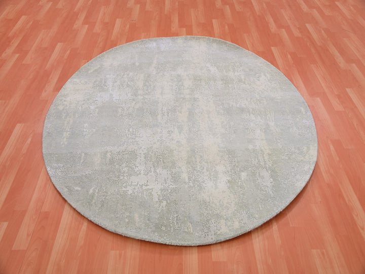 6'2" x 6'3" New Hand Knotted Grey Wool & Silk Round Oriental Rug - MOA10275347