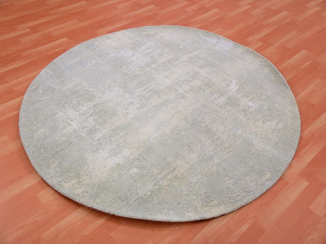 6'2" x 6'3" New Hand Knotted Grey Wool & Silk Round Oriental Rug - MOA10275347