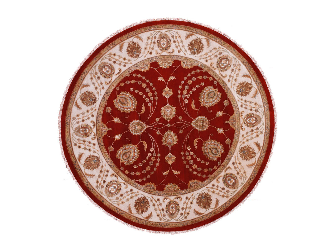 8'0" x 8'3" New Hand Knotted Red Wool Round Oriental Rug - MOA10275355