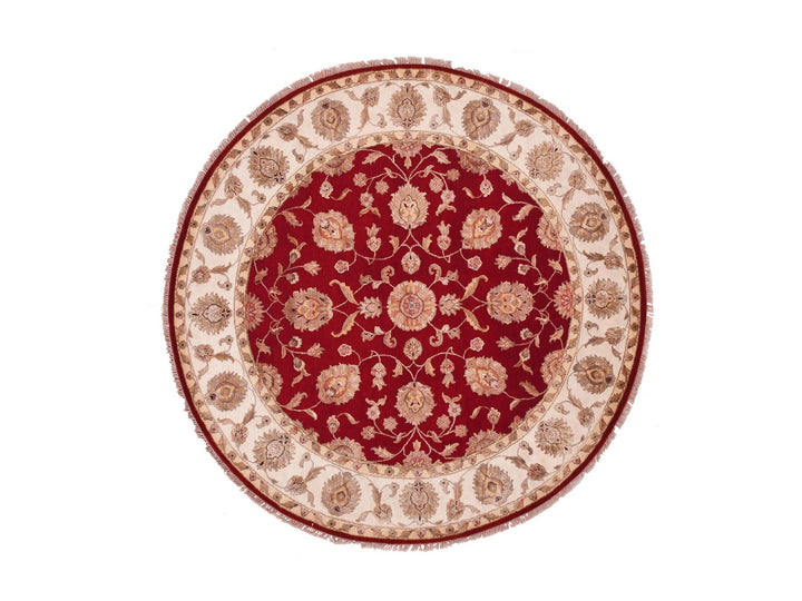 7'11" x 7'11" New Hand Knotted Red Wool Round Oriental Rug - MOA10275356