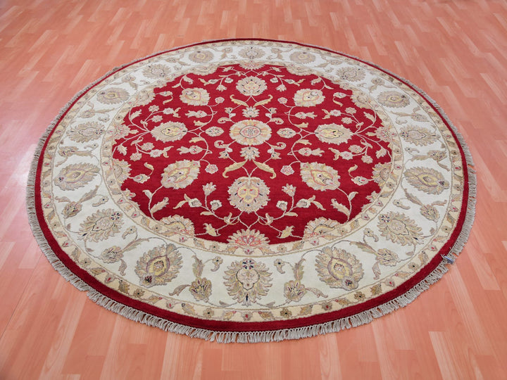 7'11" x 7'11" New Hand Knotted Red Wool Round Oriental Rug - MOA10275356