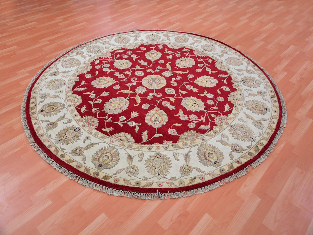 7'11" x 7'11" New Hand Knotted Red Wool Round Oriental Rug - MOA10275356
