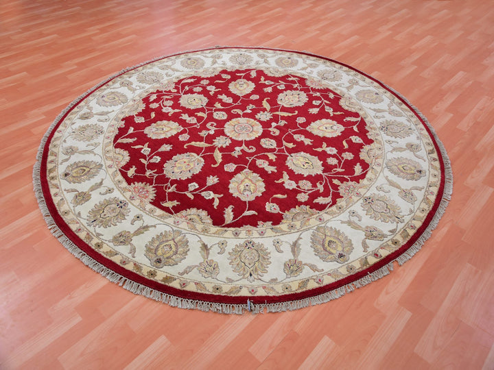 7'11" x 7'11" New Hand Knotted Red Wool Round Oriental Rug - MOA10275356