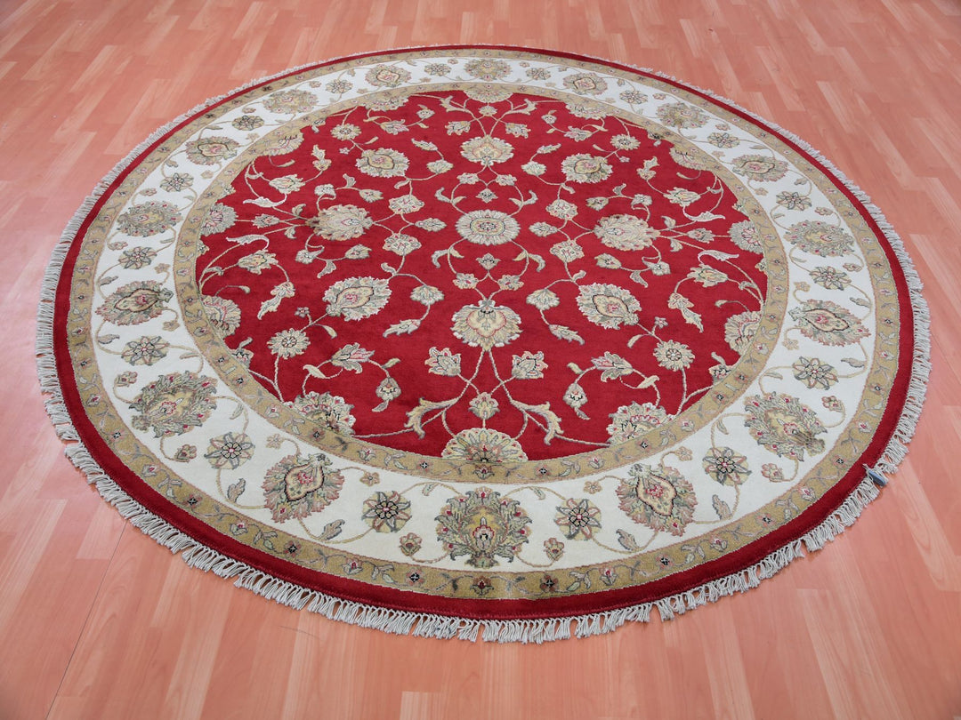 8'1" x 8'2" New Hand Knotted Red Wool Round Oriental Rug - MOA10275359
