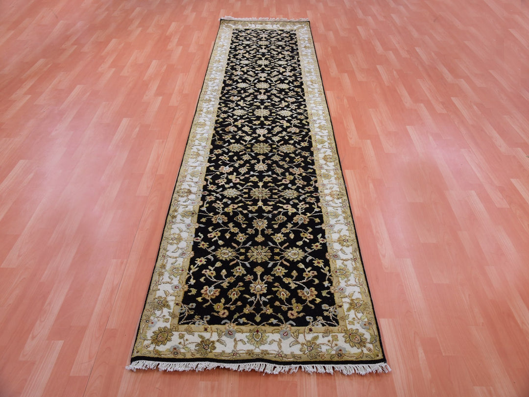 3'1" x 12'2" New Hand Knotted Black Wool Runner Oriental Rug - MOA10275381