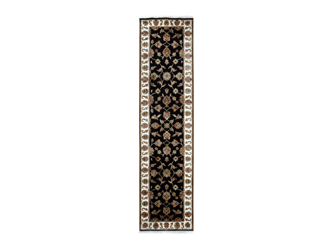 2'6" x 10'0" New Hand Knotted Black Wool & Silk Runner Oriental Rug - MOA10275383