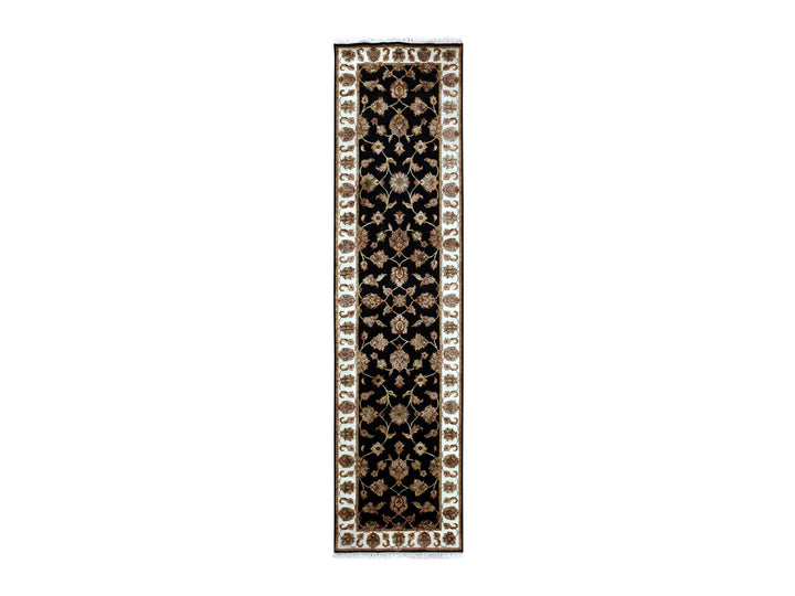 2'6" x 10'0" New Hand Knotted Black Wool & Silk Runner Oriental Rug - MOA10275383