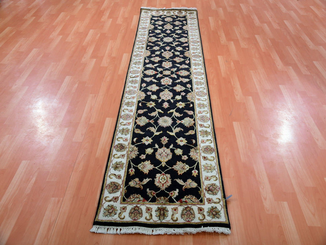 2'6" x 10'0" New Hand Knotted Black Wool & Silk Runner Oriental Rug - MOA10275383