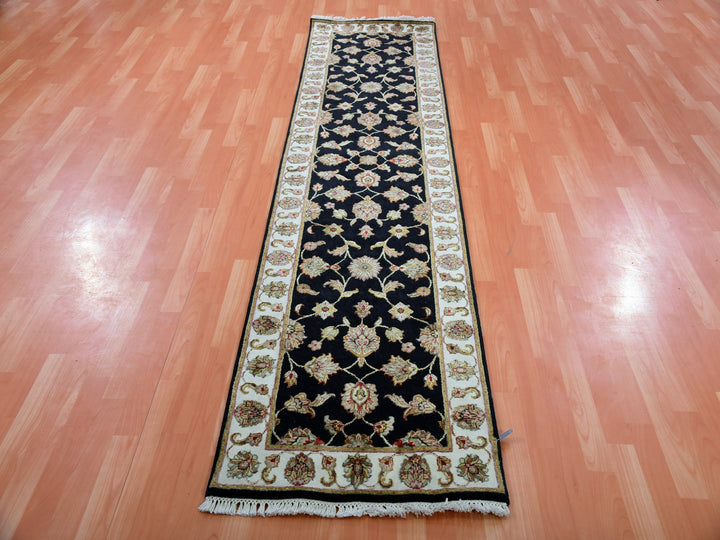 2'6" x 10'0" New Hand Knotted Black Wool & Silk Runner Oriental Rug - MOA10275383