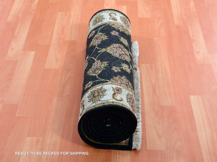 2'6" x 10'0" New Hand Knotted Black Wool & Silk Runner Oriental Rug - MOA10275383