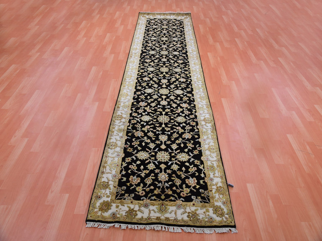3'1" x 12'2" New Hand Knotted Black Wool Runner Oriental Rug - MOA10275384