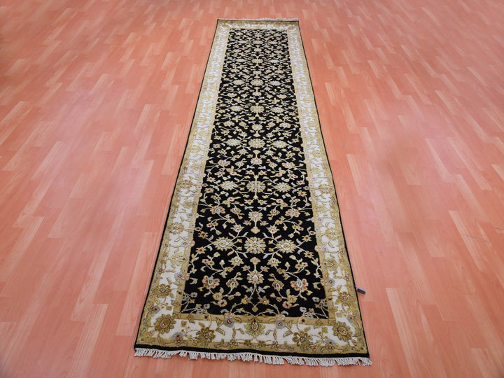 3'1" x 12'2" New Hand Knotted Black Wool Runner Oriental Rug - MOA10275384
