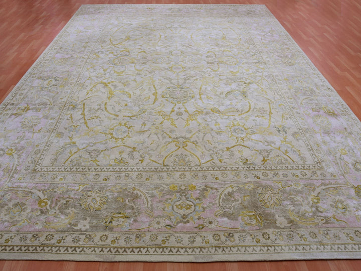 12'0" x 15'7" New Hand Knotted Beige Wool & Silk Rectangle Oriental Rug - MOA10275430