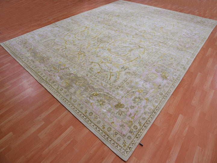 12'0" x 15'7" New Hand Knotted Beige Wool & Silk Rectangle Oriental Rug - MOA10275430