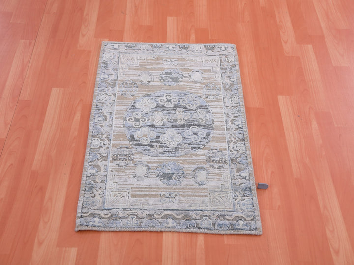 2'0" x 3'0" New Hand Knotted Grey Wool & Silk Rectangle Oriental Rug - MOA10275433