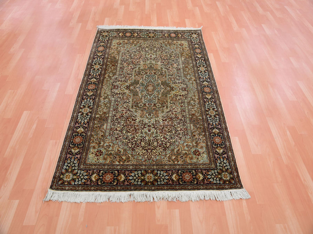 4'1" x 6'1" New Hand Knotted Brown Silk Rectangle Oriental Rug - MOA10275437