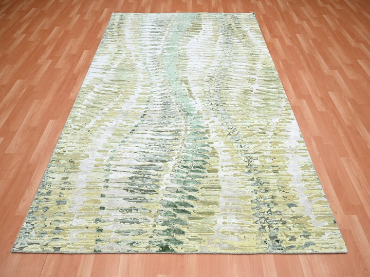 6'1" x 9'3" New Hand Knotted Green Silk Rectangle Oriental Rug - MOA10275476