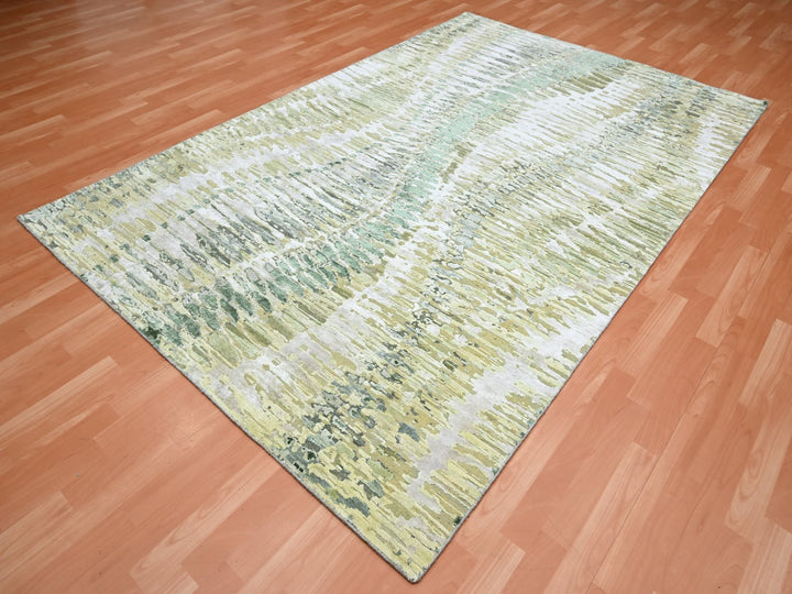 6'1" x 9'3" New Hand Knotted Green Silk Rectangle Oriental Rug - MOA10275476