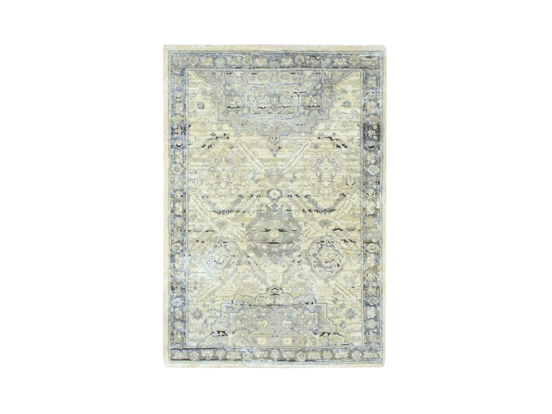 2'1" x 3'0" New Hand Knotted Ivory Wool & Silk Rectangle Oriental Rug - MOA10275483
