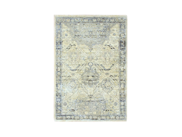 2'1" x 3'0" New Hand Knotted Ivory Wool & Silk Rectangle Oriental Rug - MOA10275483
