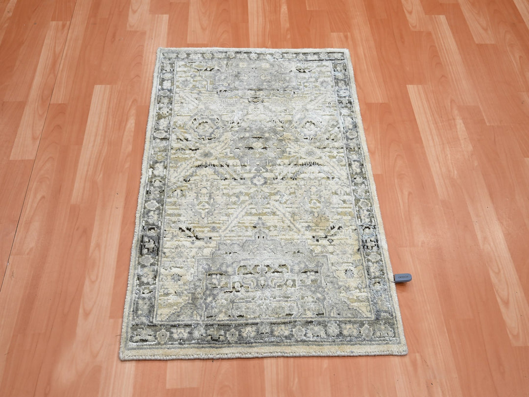 2'1" x 3'0" New Hand Knotted Ivory Wool & Silk Rectangle Oriental Rug - MOA10275483