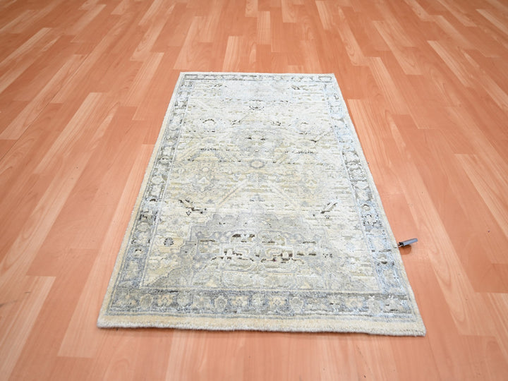 2'1" x 3'0" New Hand Knotted Ivory Wool & Silk Rectangle Oriental Rug - MOA10275484